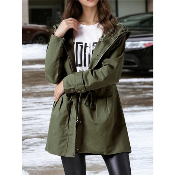Plus Size Hooded Drawstring Waist Trench Coat - Picture 3 of 5